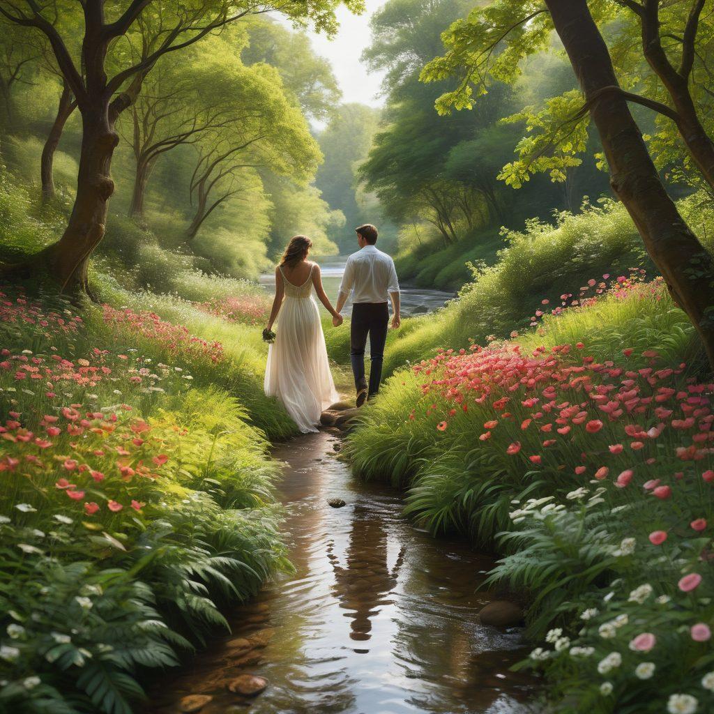 A heartfelt scene depicting a couple on a serene journey through a lush forest, hand in hand, surrounded by blooming flowers and soft sunlight filtering through the leaves. The background features a winding river symbolizing the flow of emotions, with silhouettes of hearts subtly integrated into the landscape. The atmosphere is warm and inviting, capturing the essence of affection and attachment. super-realistic. vibrant colors. soft focus.
