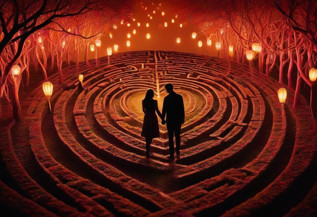 A heart-shaped labyrinth made of intertwined vines, with soft glowing lanterns hanging, symbolizing the journey of love and longing. In the background, silhouettes of couples exploring different paths, each representing unique emotional experiences. A warm color palette radiating a sense of yearning and connection. surrealistic. vibrant colors. soft focus.