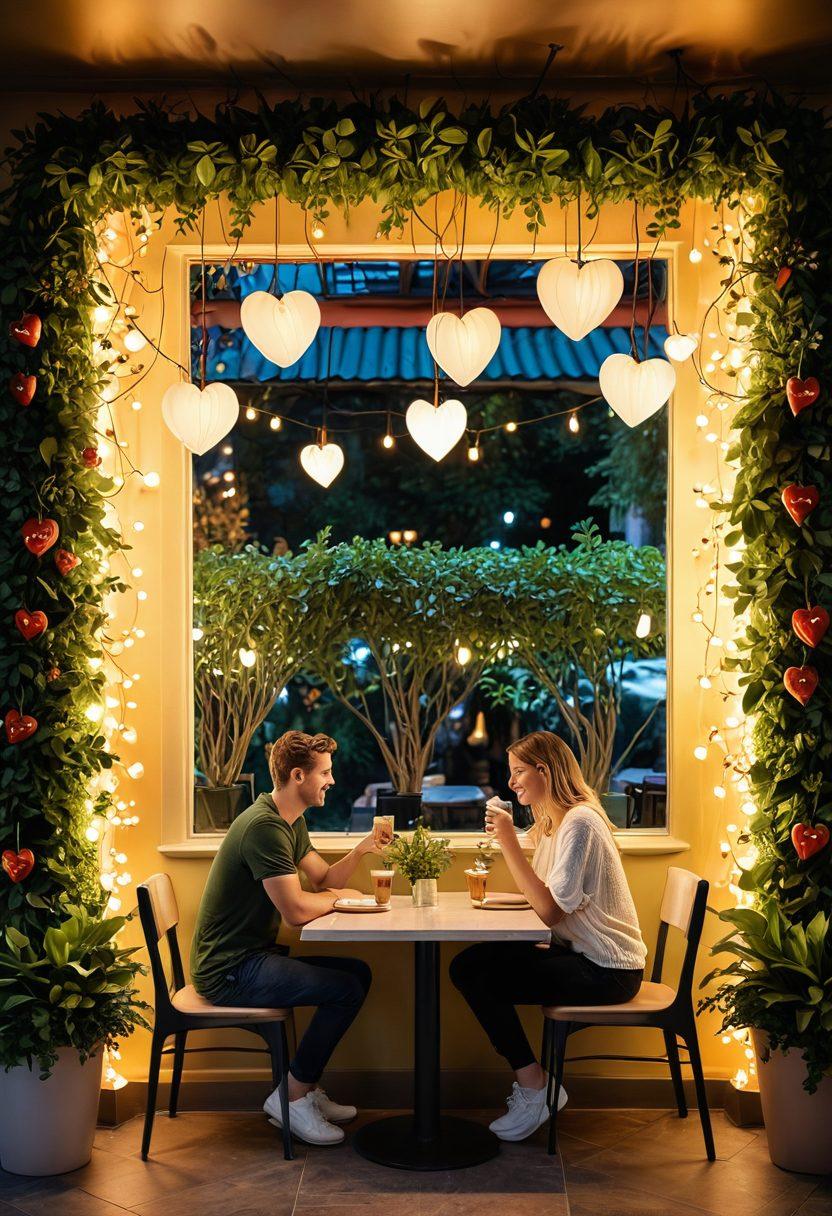 A warm and inviting scene featuring two people sharing a heartfelt moment in a cozy café, surrounded by soft lighting and lush plants. The individuals, exuding joy and connection, are engaging in deep conversation with vibrant food and drinks on their table. In the background, whimsical heart-shaped decorations symbolize passionate relationships. The color palette is warm and vibrant, evoking feelings of love and fulfillment. super-realistic. vibrant colors. warm lighting.